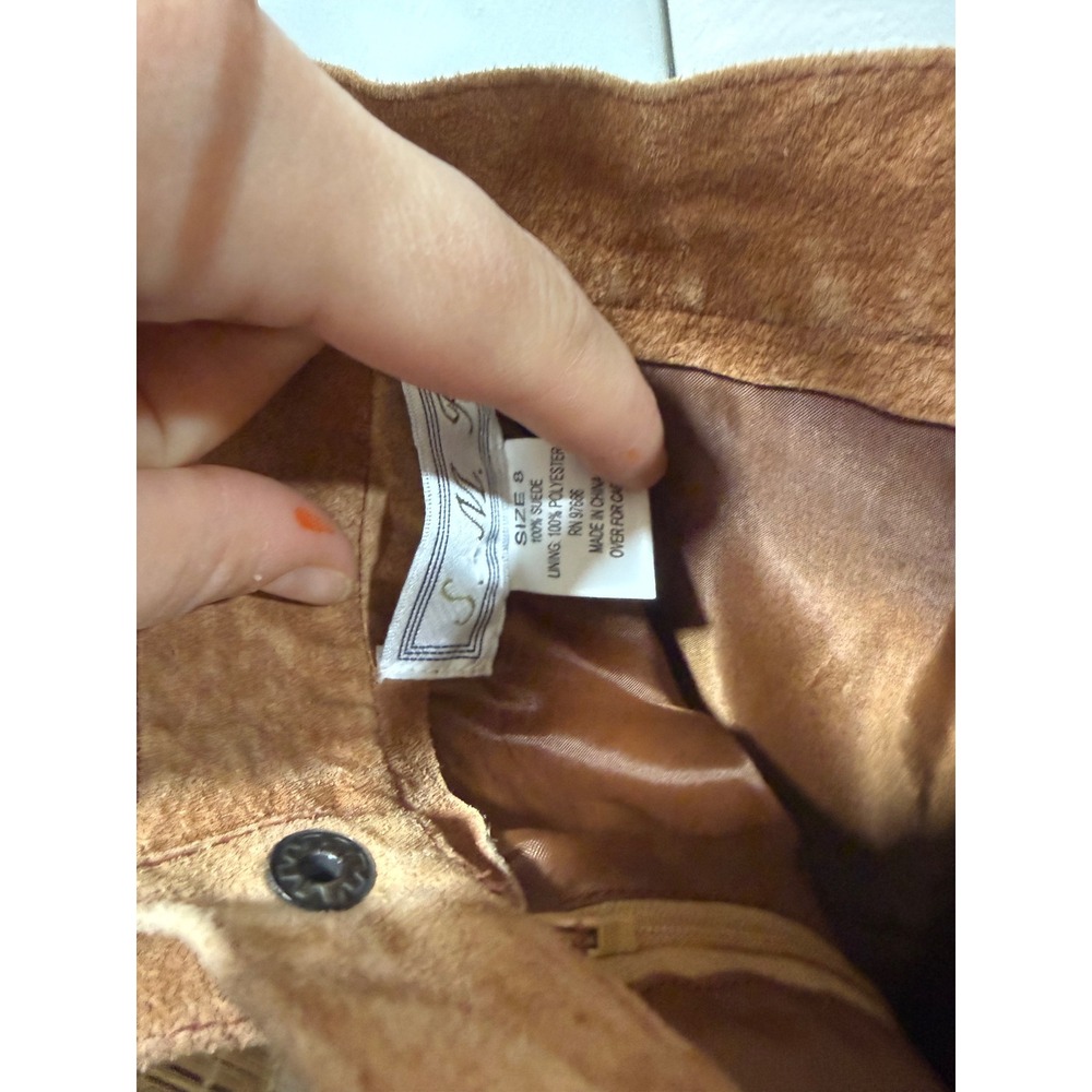 S.M. Tan Suede Patchwork Midi skirt Size 8 High Waist NEEDS REPAIRS - Picture 5 of 5